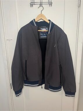 Nautica Men's Charcoal Bomber Jacket with Navy Trim